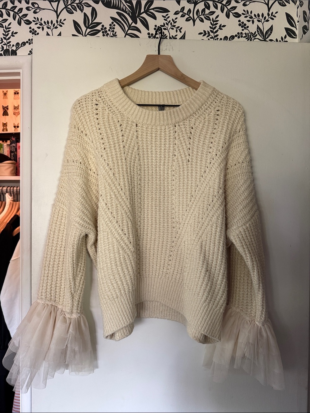 Anthropologie Cream Knit Crewneck Sweater with Tulle Bell Sleeves